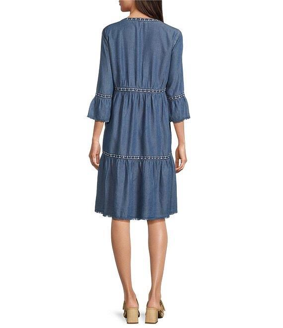 John Mark Petite Size Embroidered Split Tassel V-Neck 3/4 Flounce Sleeve Tiered Dress Product Image