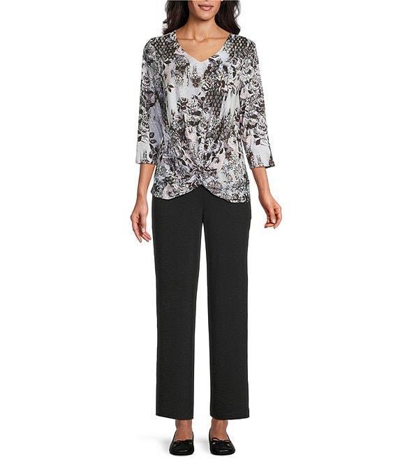Allison Daley Foulard Floral Print Embellished 3/4 Sleeve V-Neck Knit Top Product Image