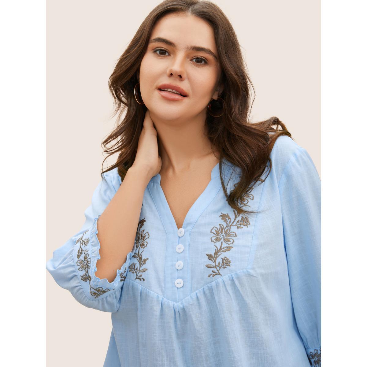 Plus Size LightBlue Cotton Floral Embroidered Notched Collar Frill Trim Blouse Women Casual Elbow-length sleeve Stand-up collar Everyday Blouses BloomChic 30/6X Product Image