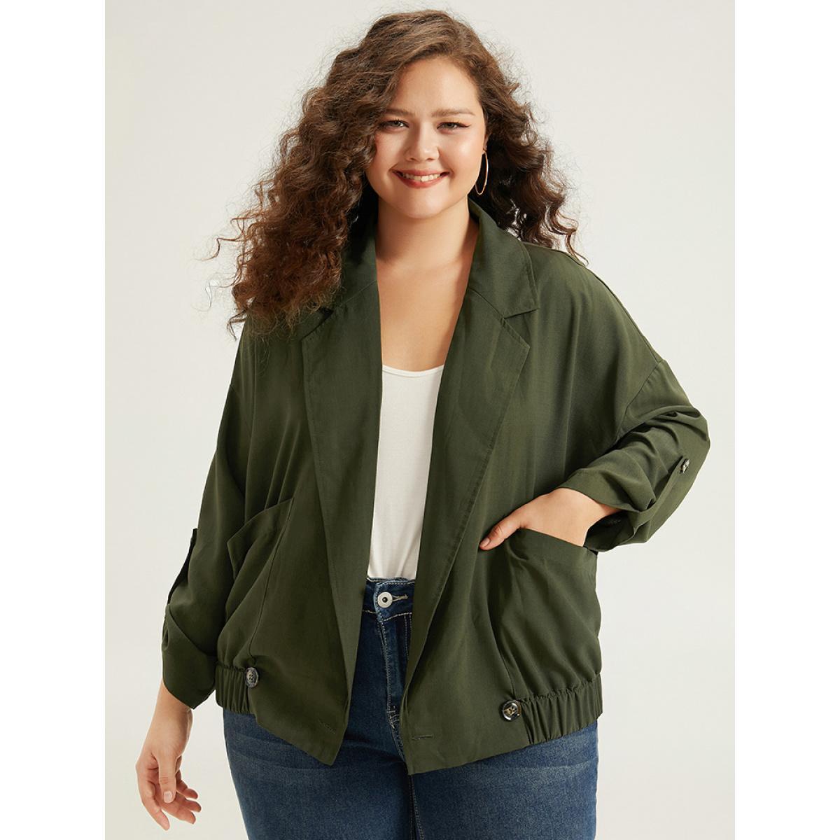 Plus Size Lapel Collar Solid Gathered Tab Sleeve Jacket Women ArmyGreen Plain Pocket Dailywear Jackets BloomChic 18-20/2X Product Image