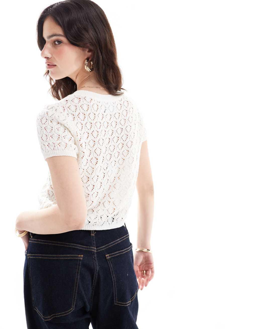 ASOS DESIGN knitted short sleeve cardigan in stitch detail in cream Product Image
