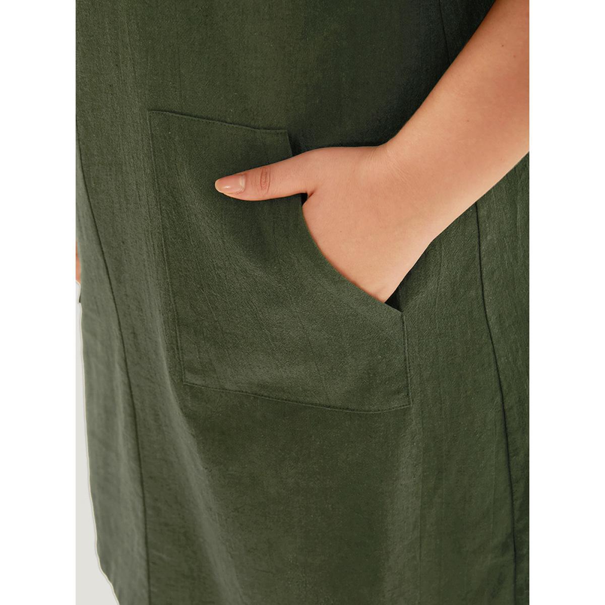 Plus Size Solid Square Neck Button Up Pocket Ruffle Trim Cami Dress ArmyGreen Women Casual Plain Spaghetti Strap Sleeveless Curvy Knee Dress BloomChic 28/5X Product Image