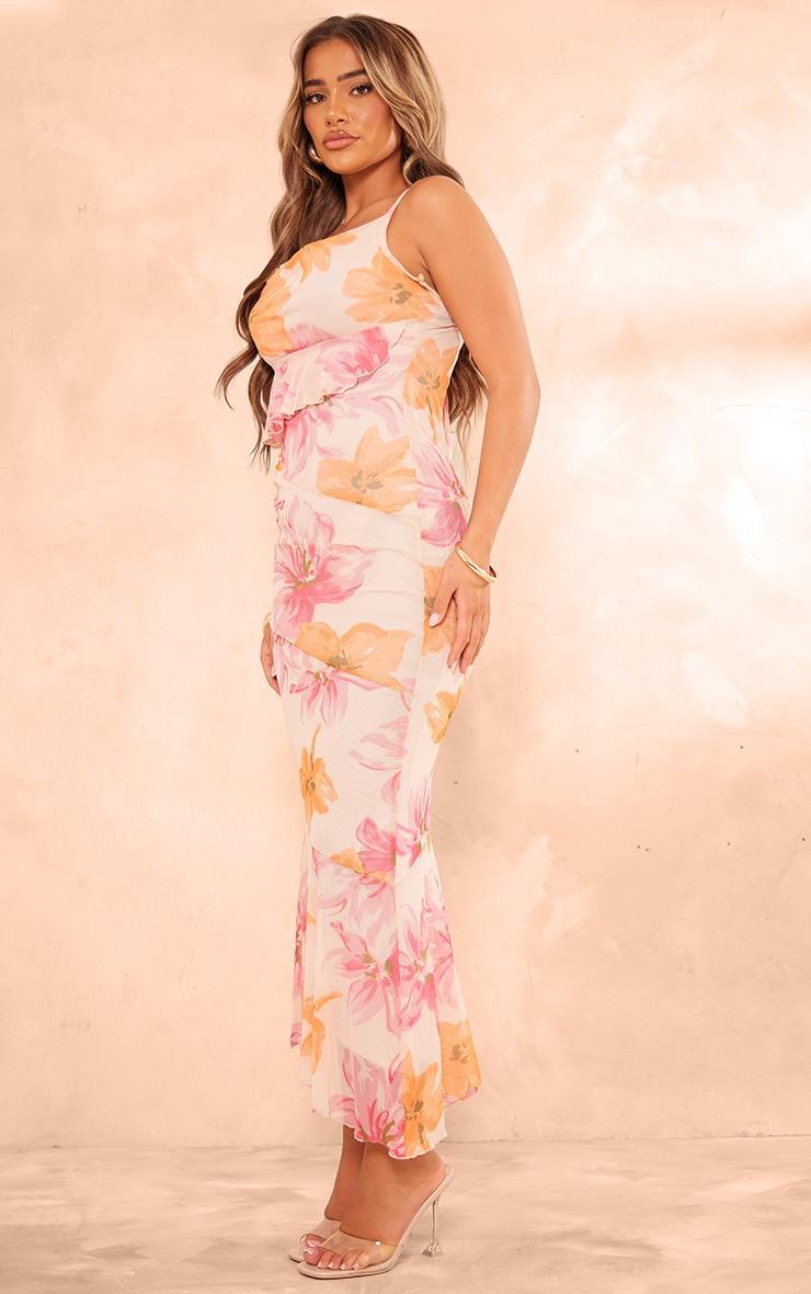  Orange Floral Printed Mesh Frill Cowl Back Midaxi Dress Product Image