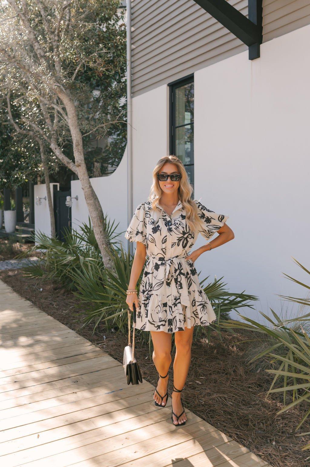 Ivory Puff Sleeve Print Mini Dress Product Image