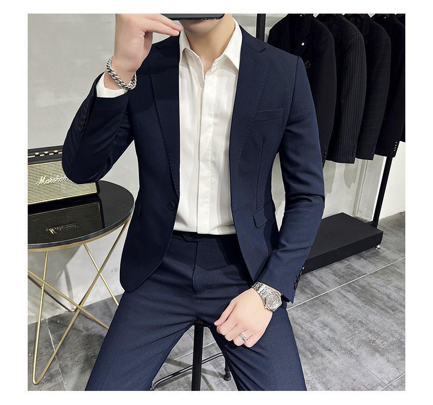 Set: Plain One-Buttoned Blazer + Tapered Dress Pants Product Image
