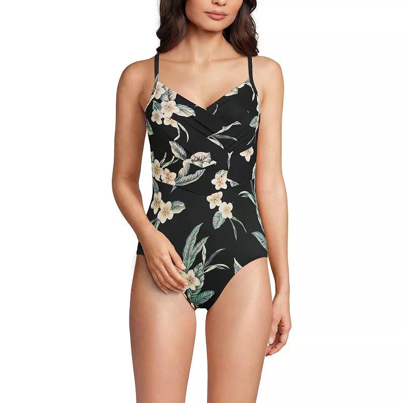 Womens Lands End Slendertex V-Neck Pleated Crossback One-Piece Swimsuit Product Image