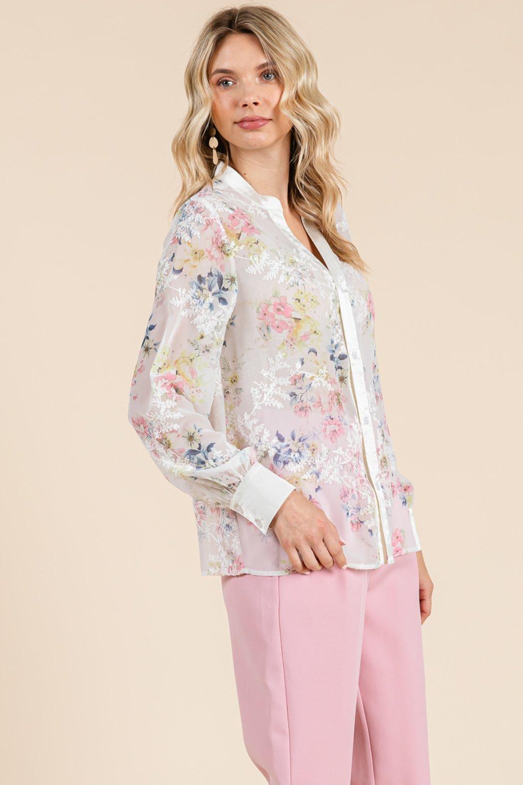 Sheer Floral Color Block Long Sleeve Blouse Tops Product Image