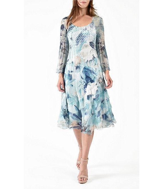 Komarov Floral Scoop Neckline Long Sleeve Pleated Charmeuse Dress Product Image