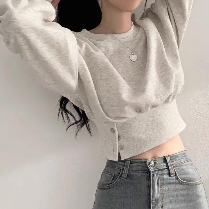 Puff-Sleeve Round Neck Plain Crop Sweatshirt Product Image