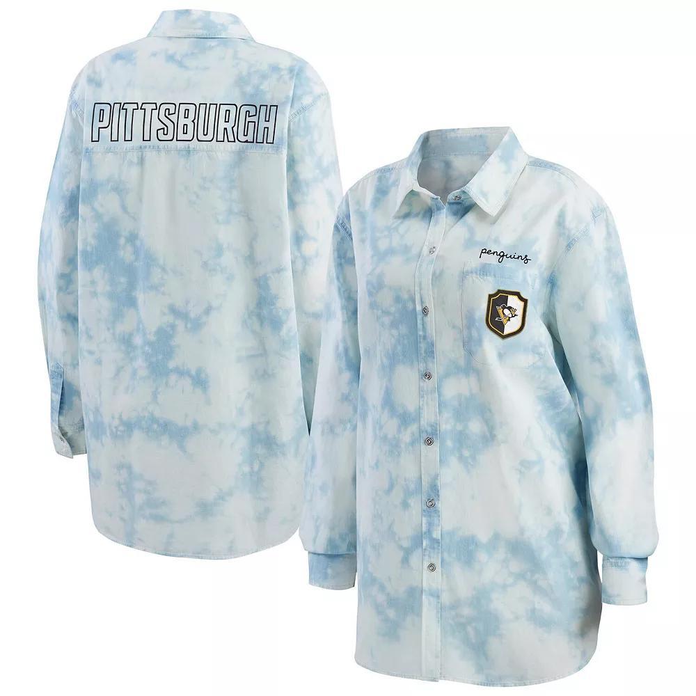Women's WEAR by Erin Andrews White Pittsburgh Penguins Oversized Tie-Dye Button-Up Denim Shirt, Size: Large Product Image