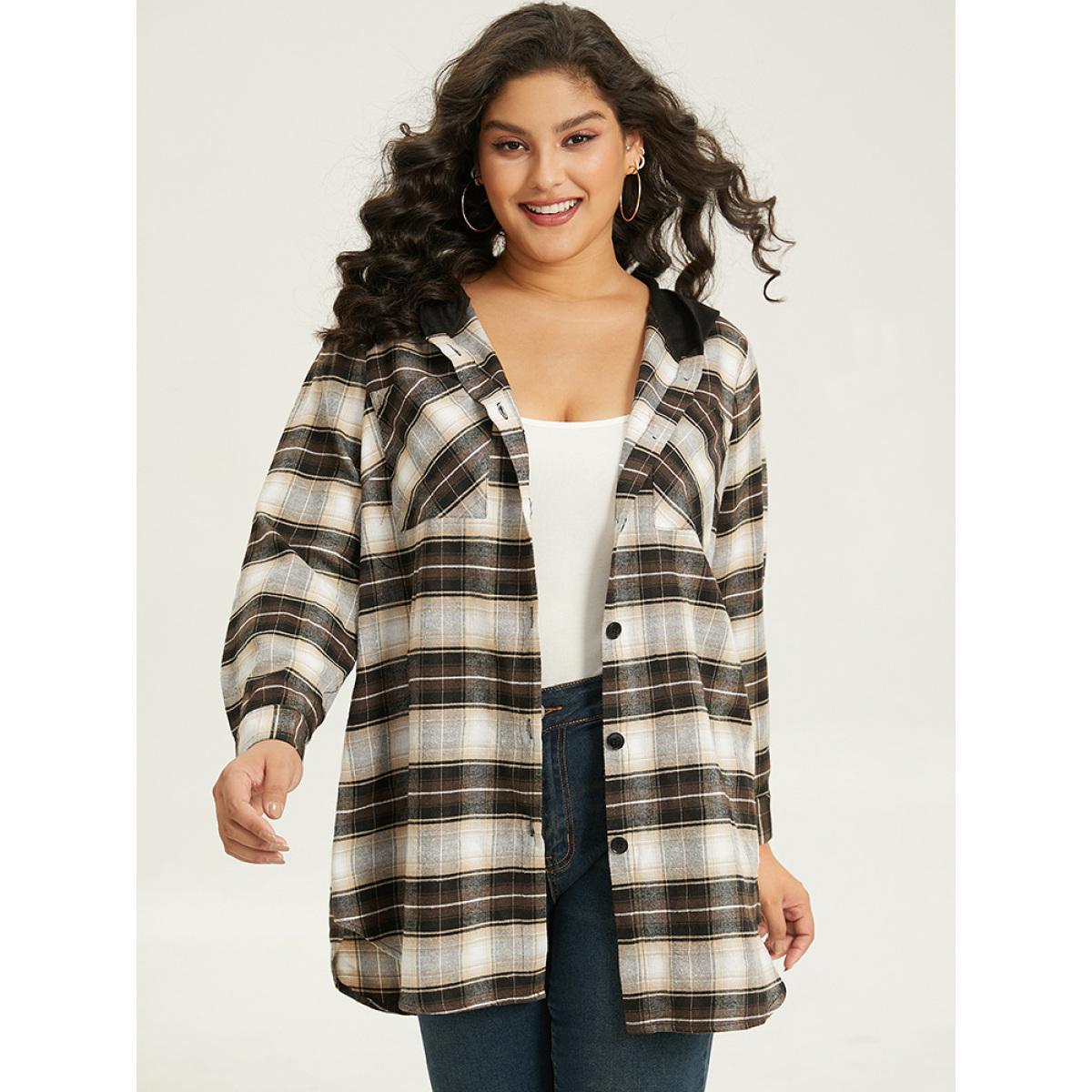 Plus Size Plaid Button Up Hooded Patchwork Shacket Women DarkBrown Contrast Pocket Everyday Jackets BloomChic 12/L Product Image