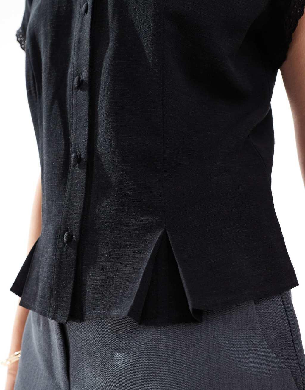 ASOS DESIGN fitted cap sleeve blouse in black Product Image
