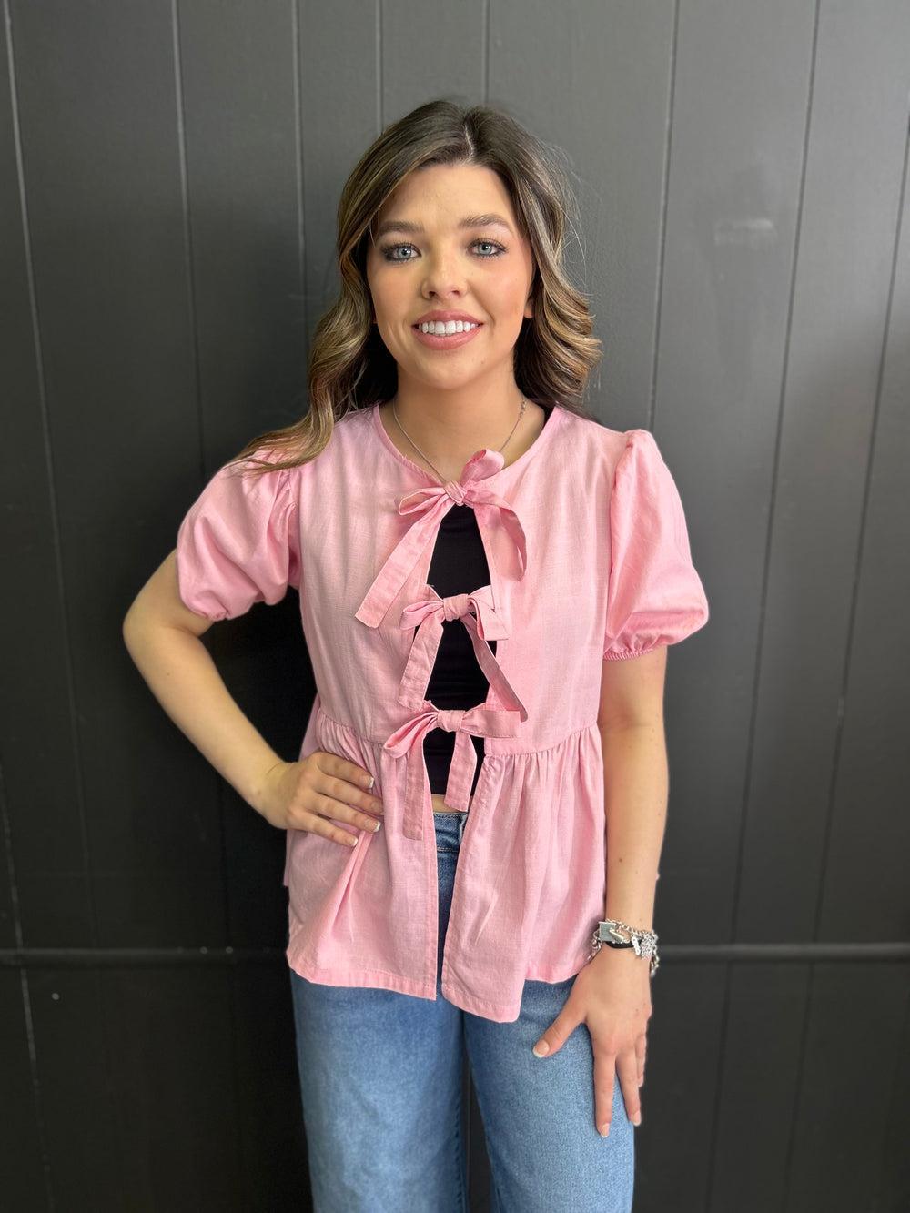 Short Sleeve Woven Front Bow Tie Top - 5 Colors Product Image