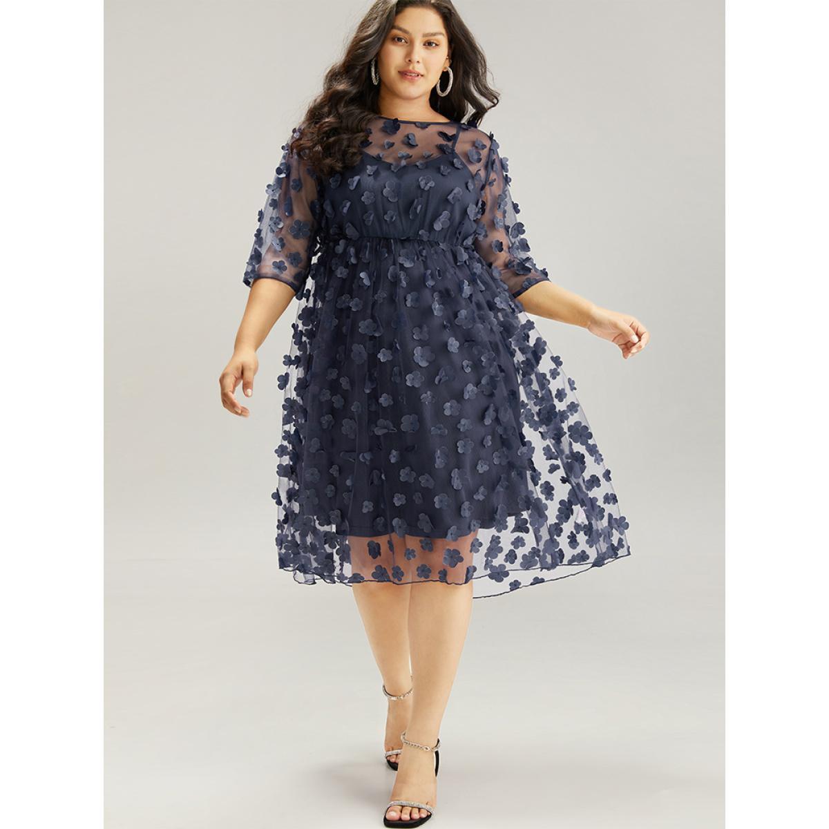 Plus Size Floral Embroidered Mesh Elastic Waist Crew Neck Dress DarkBlue Women Glamour See through Round Neck Elbow-length sleeve Curvy Knee Dress BloomChic 12/L Product Image