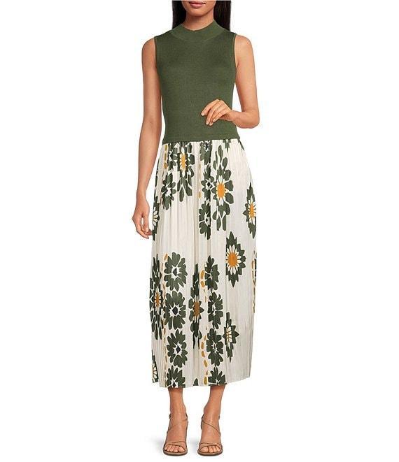 Skies Are Blue Mock Neck Sleeveless Pleated Floral Print Maxi Dress Product Image