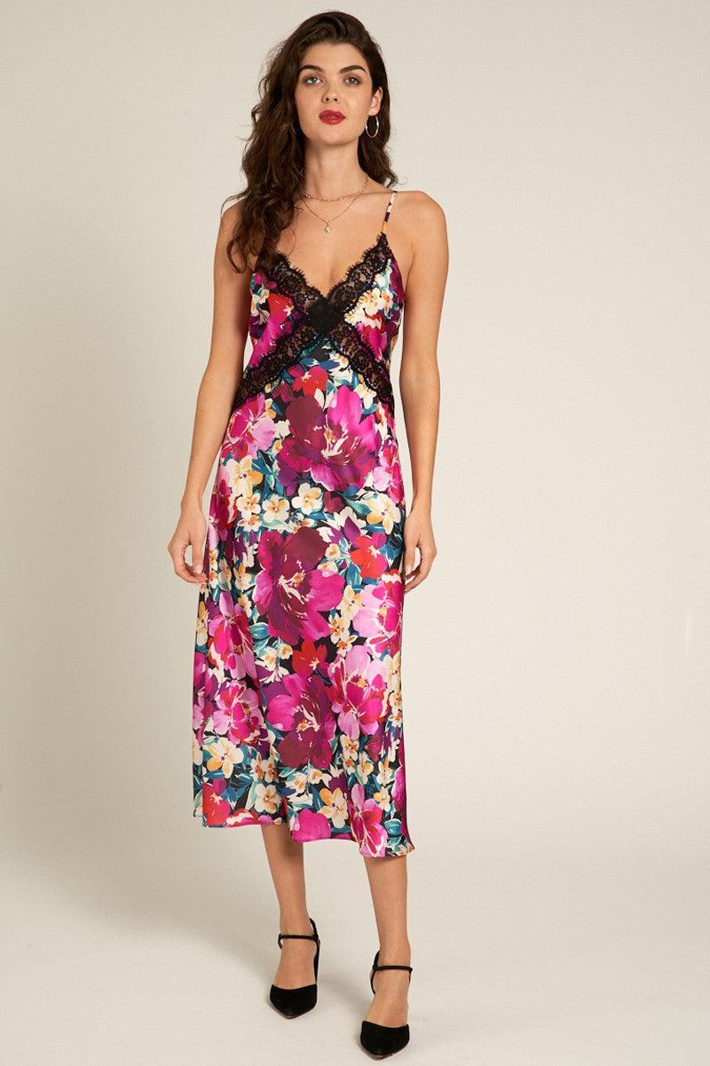 Floral Satin Midi Dress with Lace Trim Product Image
