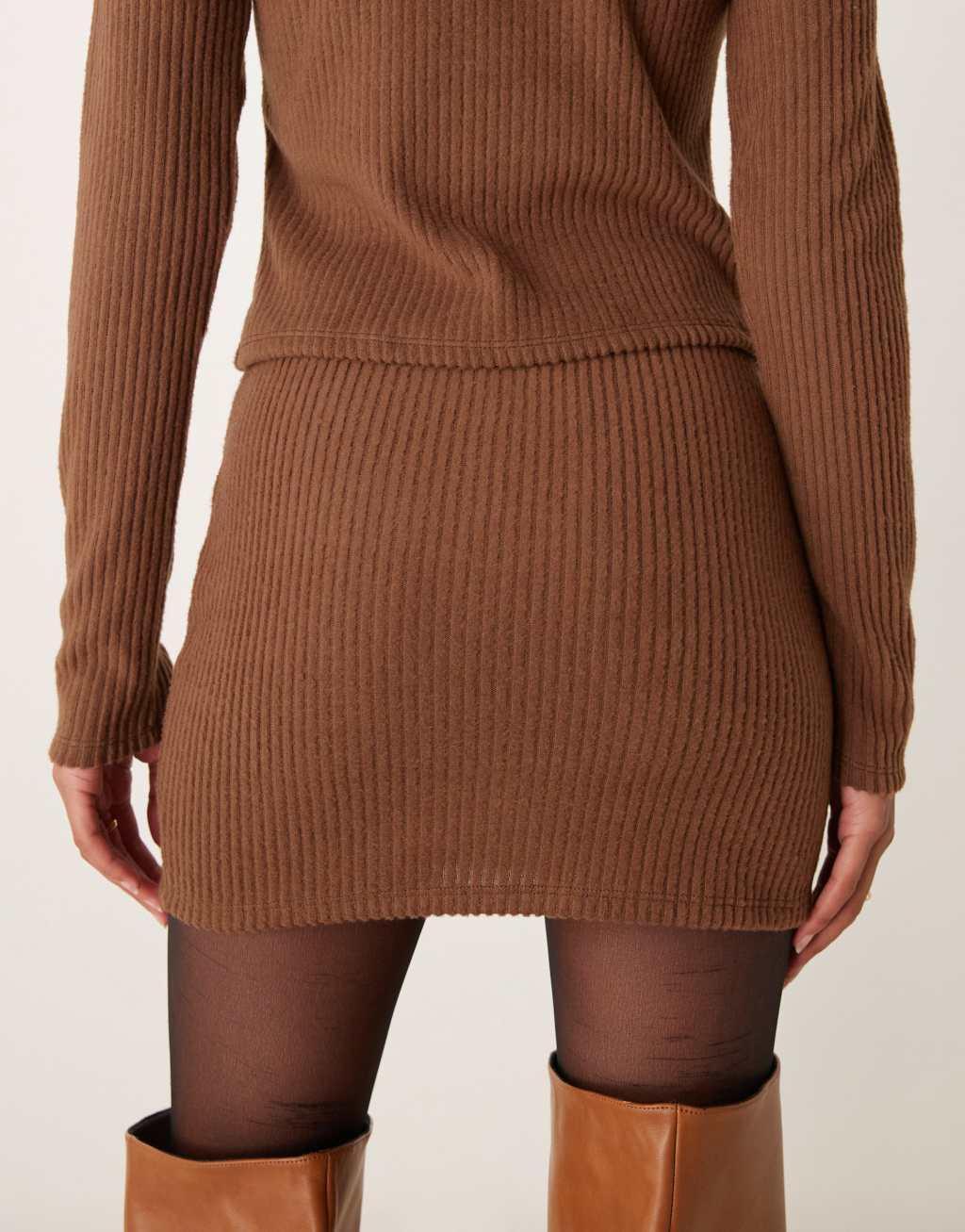 ASOS DESIGN brushed rib mini skirt in chocolate - part of a set Product Image