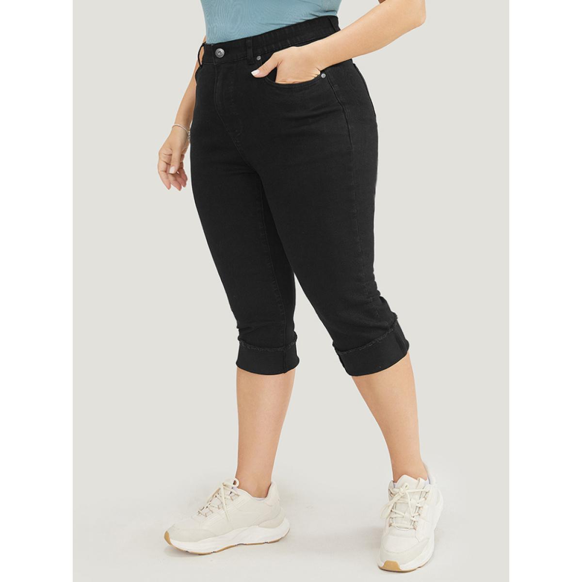 Plus Size Very Stretchy High Rise Black Wash Rivet Detail Knee Denim Shorts Women Black Casual Plain High stretch Pocket Jeans BloomChic 16/1X Product Image