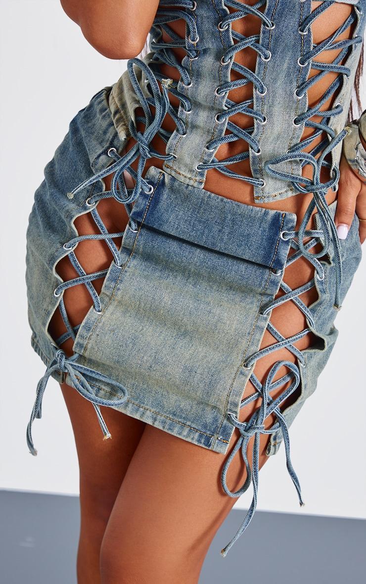 Petite Indigo Vintage Wash Lace Up Detail Denim Corset Product Image