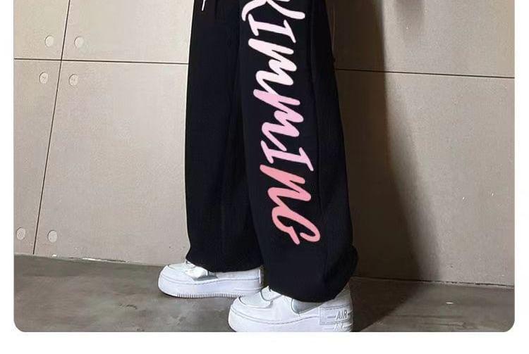 Drawstring Waist Lettering Wide Leg Sweatpants Product Image