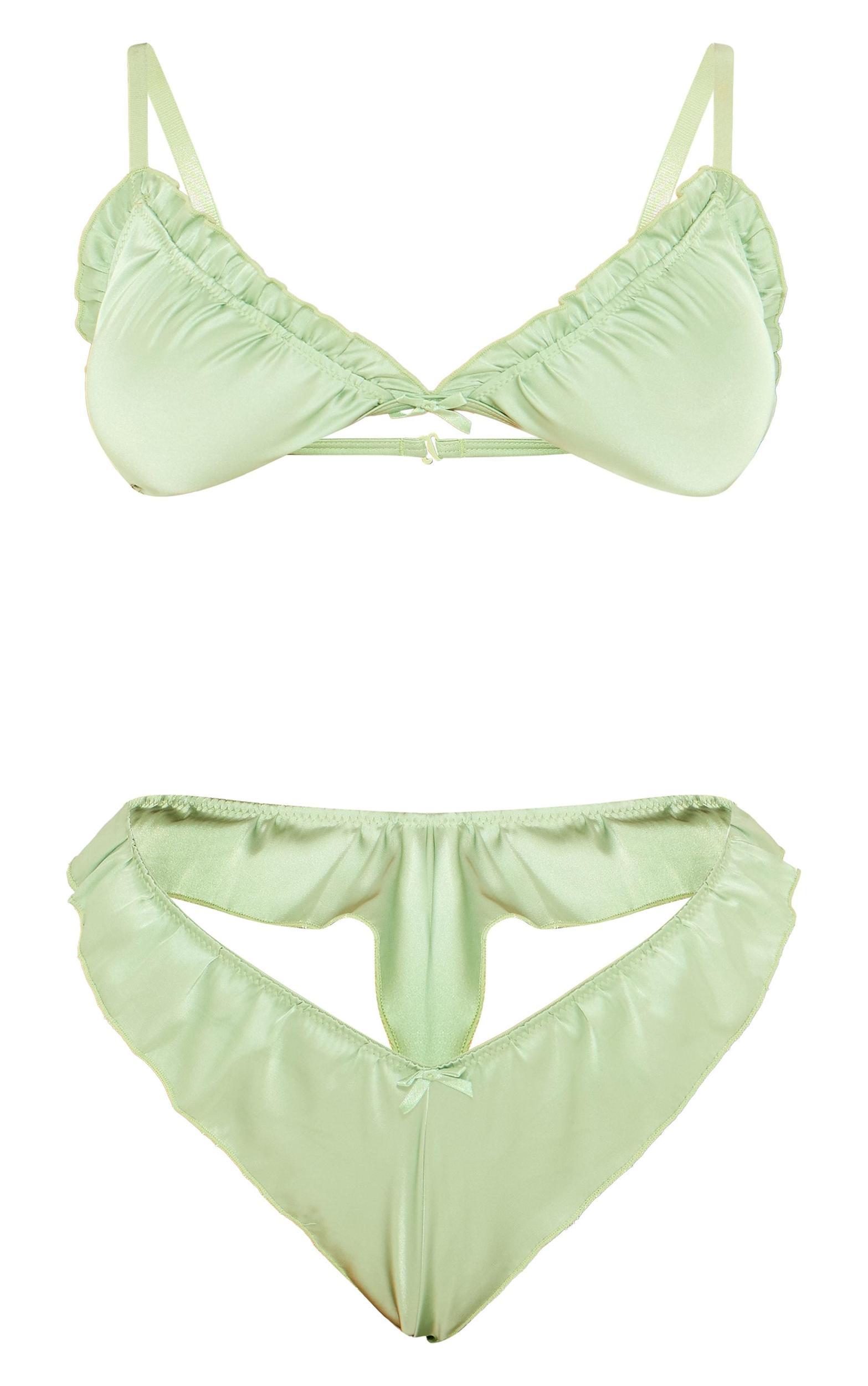 Green Satin Frill Lingerie Set Product Image
