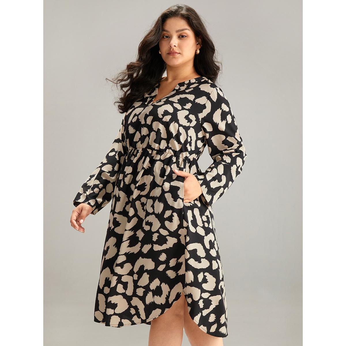 Plus Size Geometric Pocket Elastic Waist Arc Hem Dress LightBrown Women At the Office Printed Notched collar Long Sleeve Curvy Knee Dress BloomChic 22-24/3X Product Image