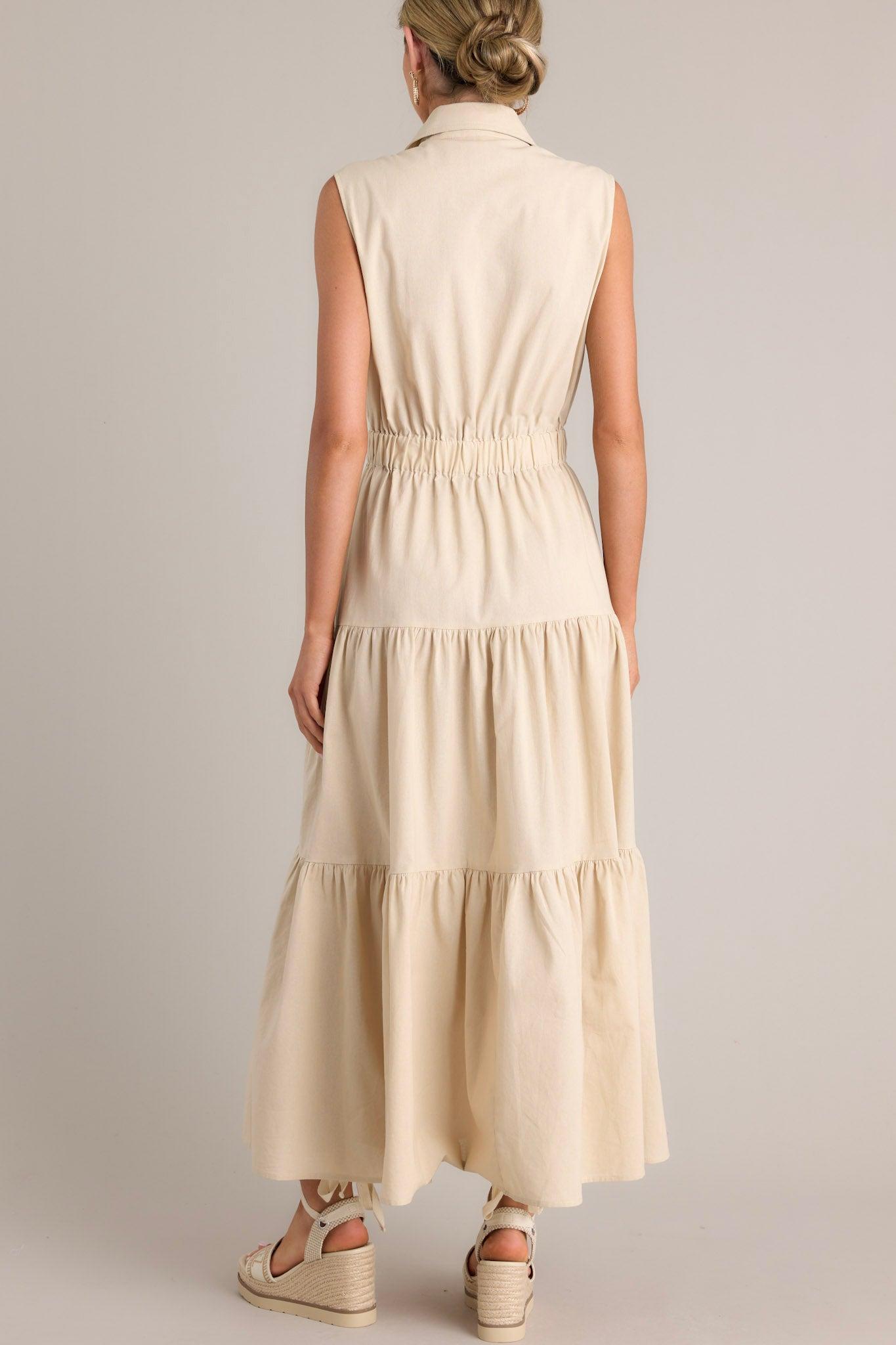 Desert Dusk Beige Button Front Tiered  Maxi Dress Product Image