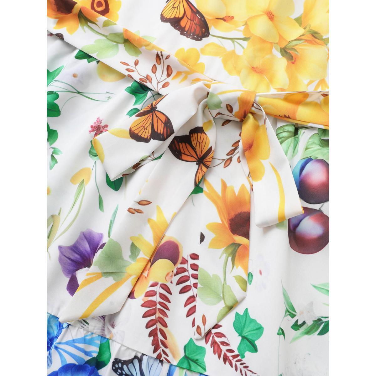 Plus Size Floral & Butterfly Contrast Ruffle Layered Hem Dress Multicolor Women Elegant Belted V-neck Short sleeve Curvy BloomChic 14-16/1X Product Image