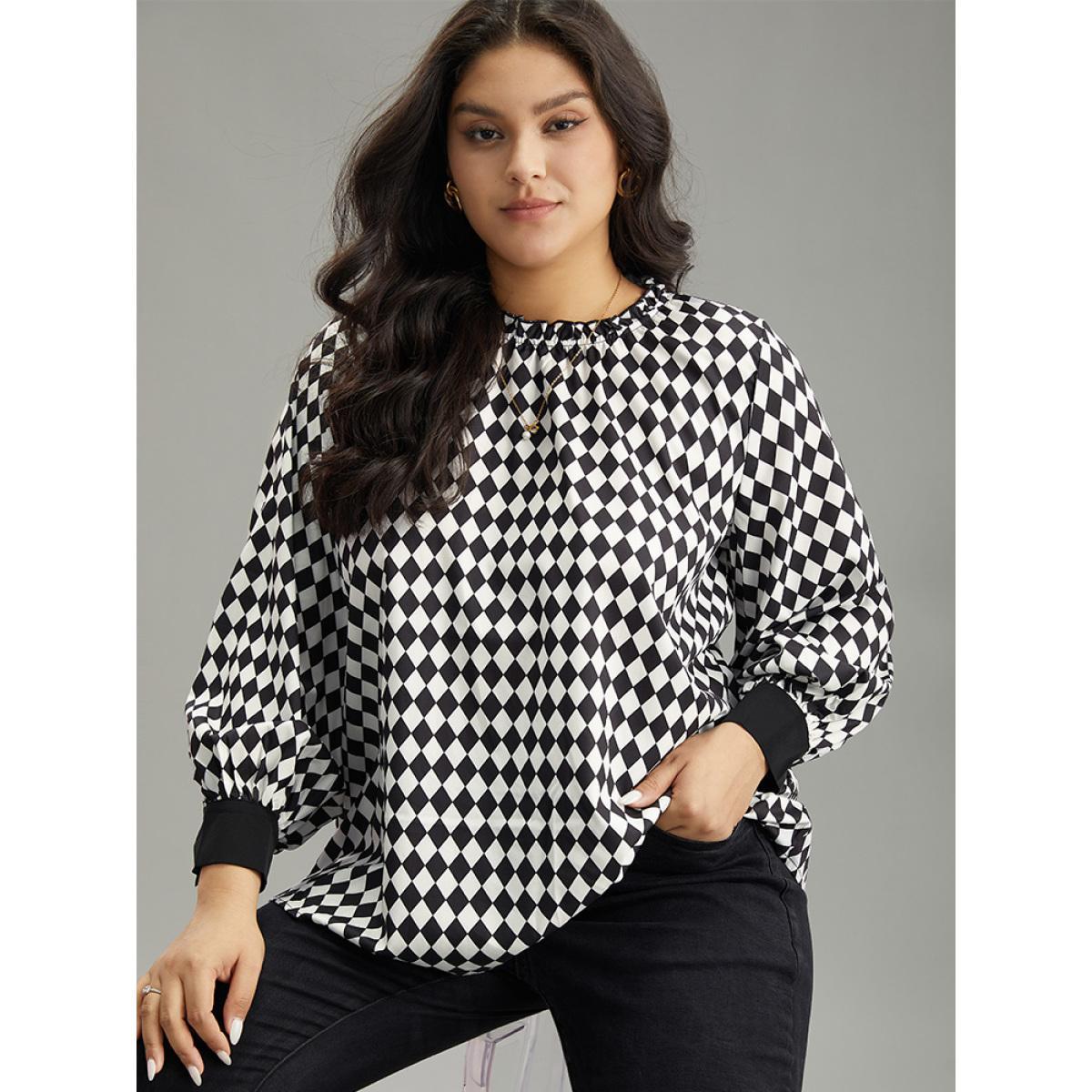 Plus Size Black Halloween Check Frill Trim Gathered Patchwork Blouse Women Elegant Long Sleeve Round Neck Dailywear Blouses BloomChic 28/5X Product Image