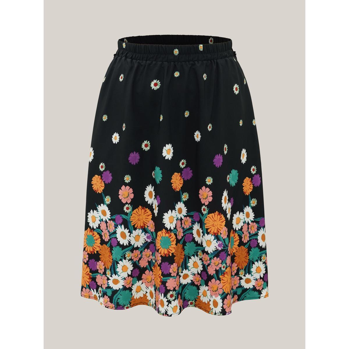 Plus Size Floral Print Pleated Midi Skirt Women BlackFlower Elegant Contrast Bodycon Low stretch Slanted pocket Party Skirts BloomChic 14-16/1X Product Image
