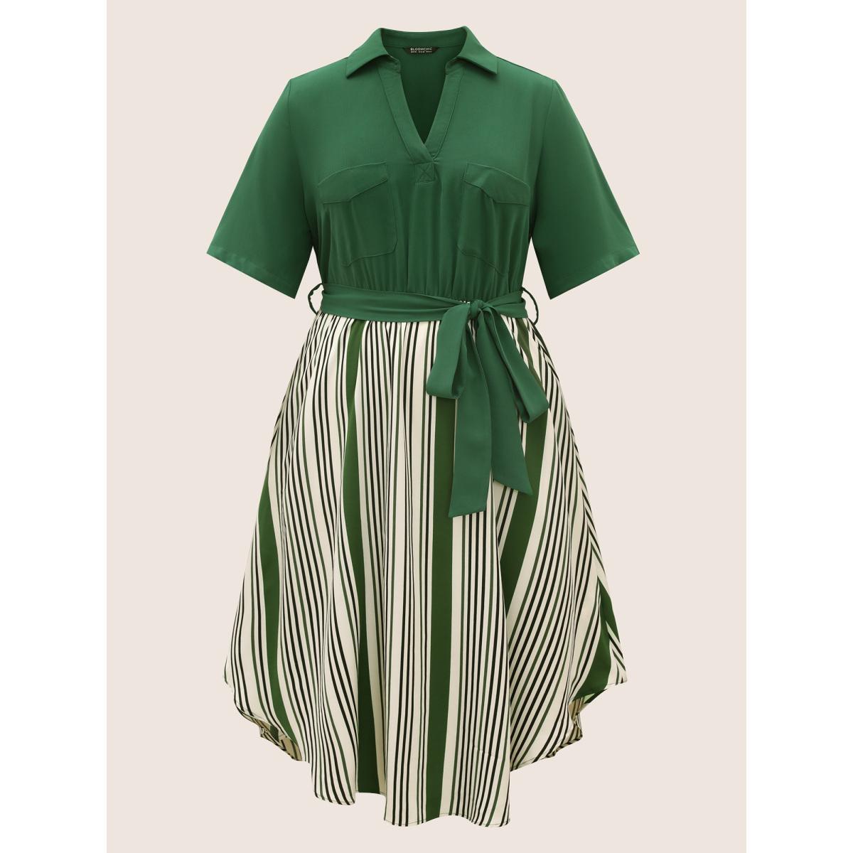 Plus Size Striped Patchwork Belted Patched Pocket Dress Truegreen Women At the Office Belted Shirt collar Half Sleeve Curvy BloomChic 30/6X Product Image