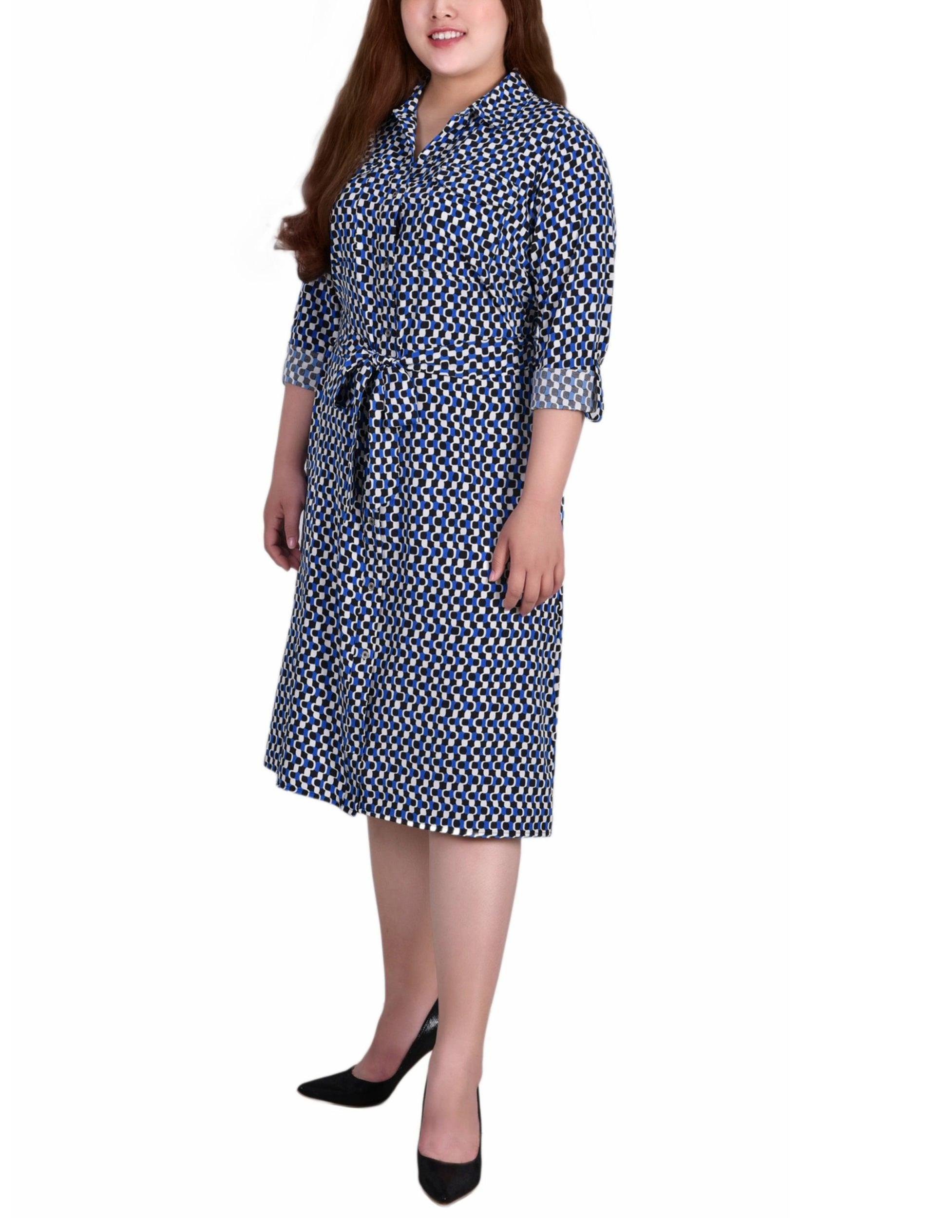 Blue Black White Geo 3/4 Roll Tab Sleeve Belted Shirtdress - Plus Product Image