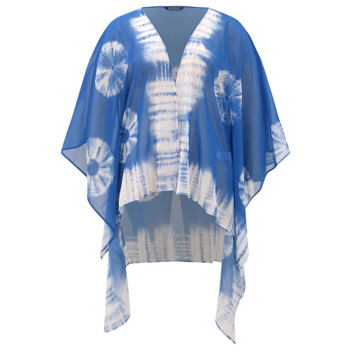 Plus Size UltraCool Tie Dye Asymmetrical Hem Open Front Kimono Women DarkBlue Casual Drape Loose Dailywear Kimonos BloomChic 28/5X Product Image