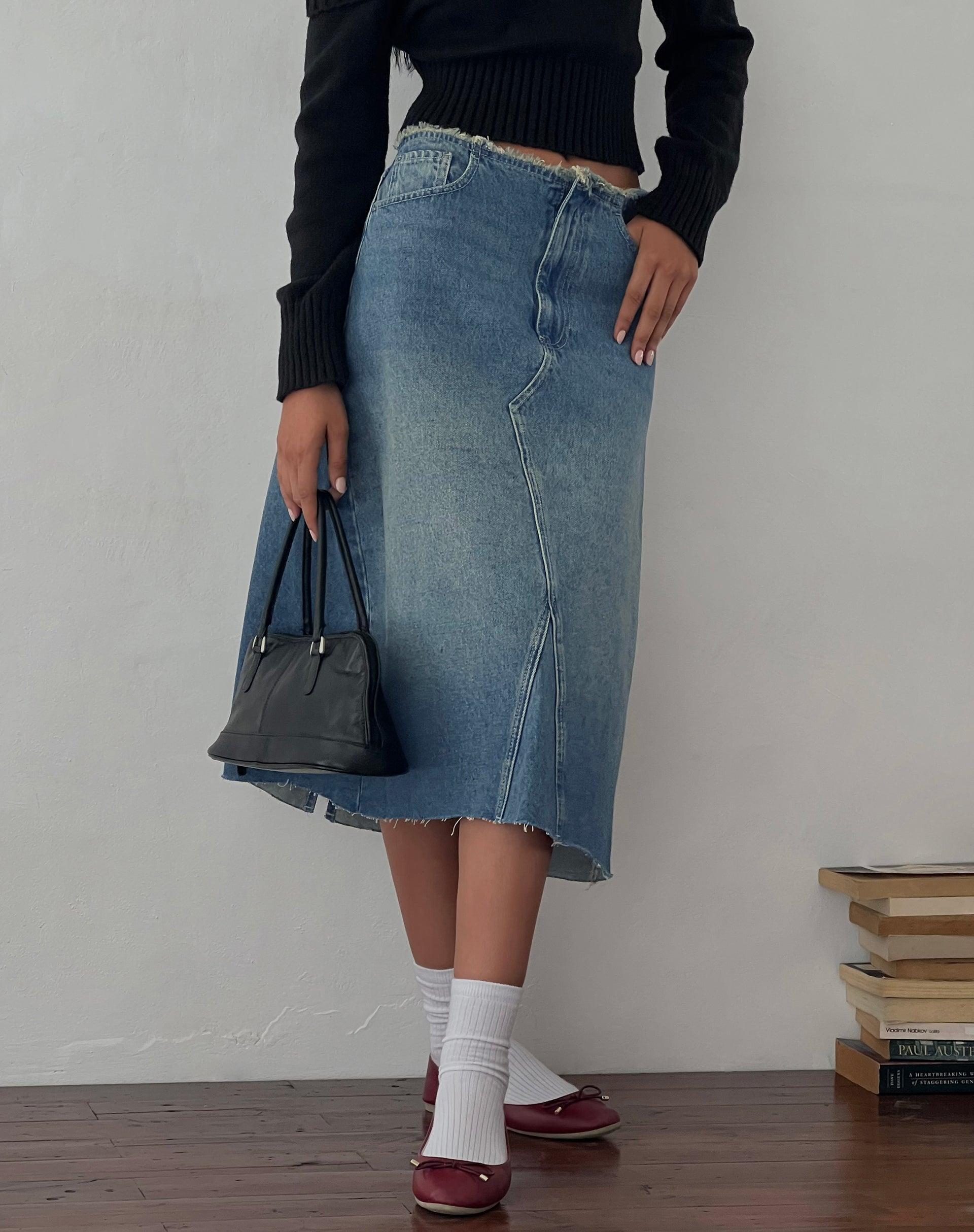 Low Rise Denim Midi Skirt in Vintage Blue Green Female Product Image