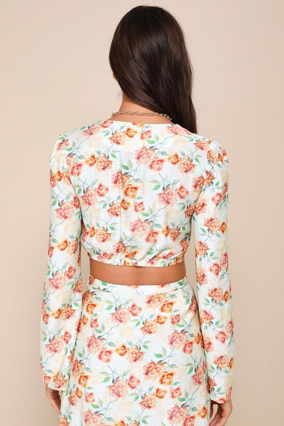 Cute Expertise Light Sage Green Floral Twist-Front Crop Top Product Image