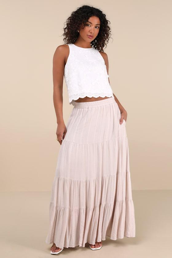 Sunset by the Sea Light Beige Embroidered Tiered Maxi Skirt Product Image