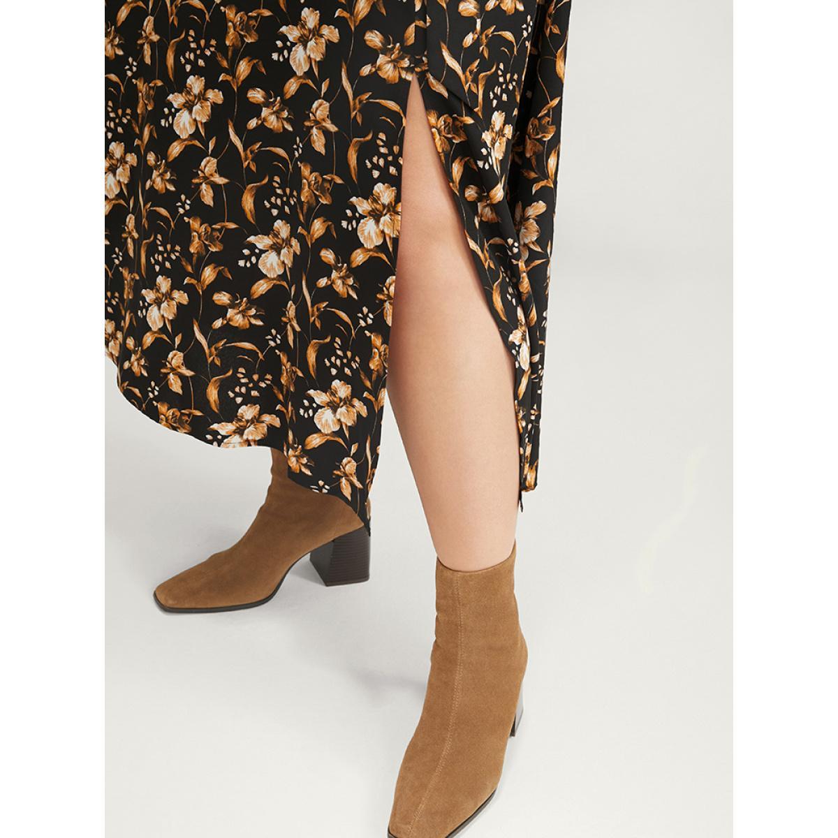 Plus Size Floral Pocket Bell Sleeve Belted Split Flutter Dress Black Women Elegant Pocket V-neck Long Sleeve Curvy Midi Dress BloomChic 22-24/3X Product Image