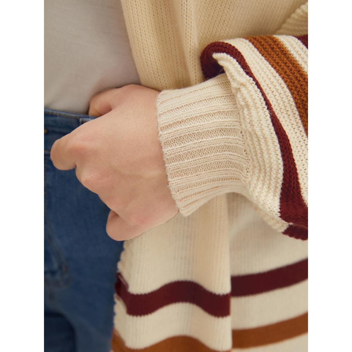 Plus Size Striped Contrast Open Front Cardigan Apricot Women Casual Loose Long Sleeve Dailywear Cardigans BloomChic 14-16/1X Product Image