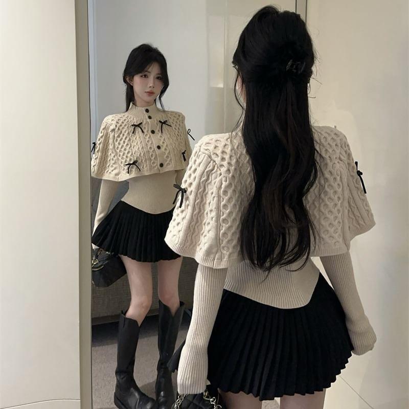 Set: Stand Collar Bow Cable Knit Button Capelet + Long Sleeve Ribbed Knit Top Product Image