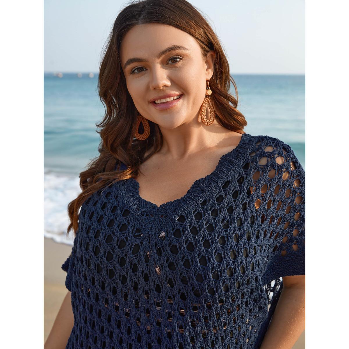 Plus Size V Neck Cut-Out Plain Textured Swim Cover Up Women's Swimwear Indigo Beach Loose Texture Curve Swim Cover Ups BloomChic 26/4X Product Image