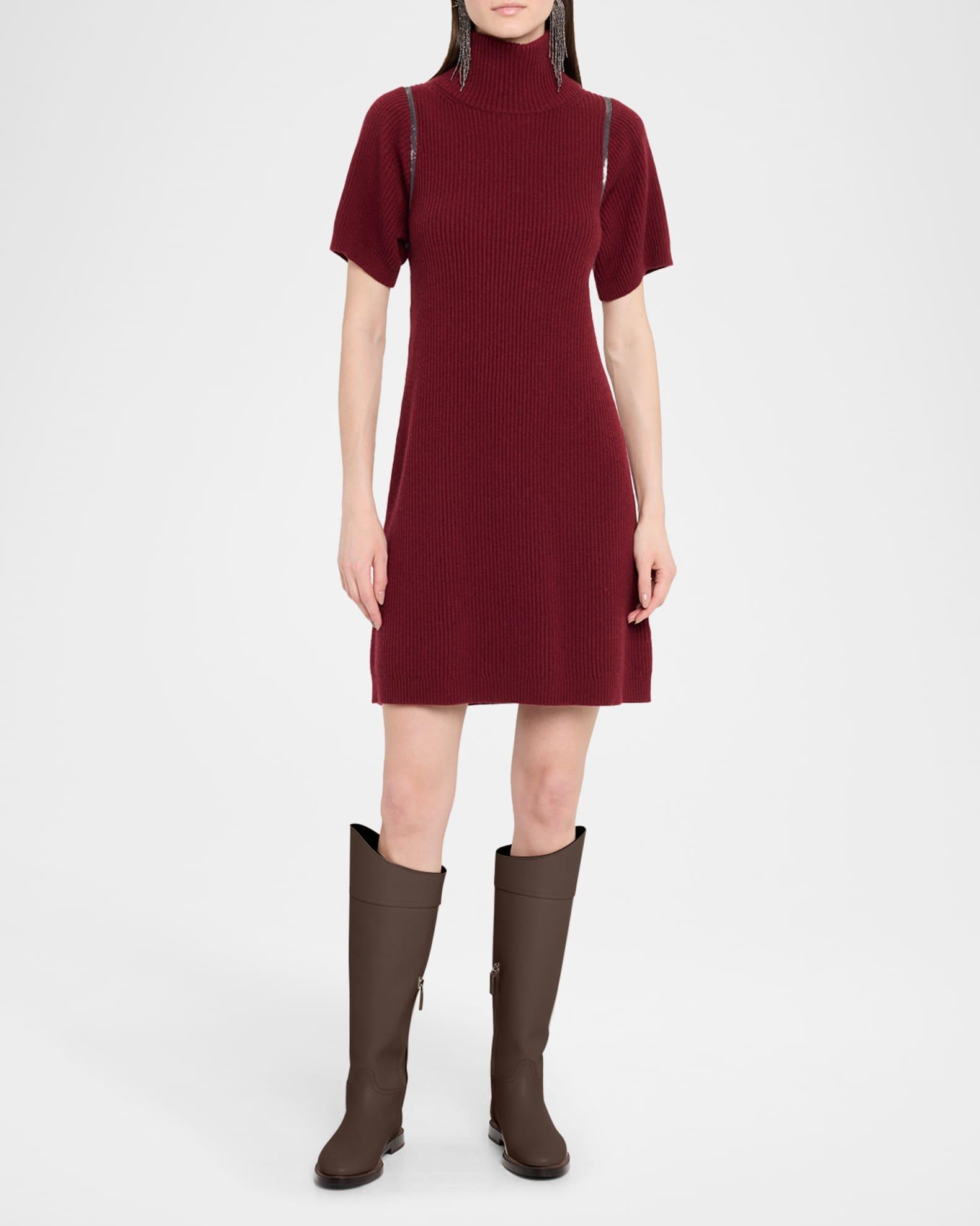 Mock-Neck Monili Short-Sleeve Cashmere Rib Mini Dress Product Image