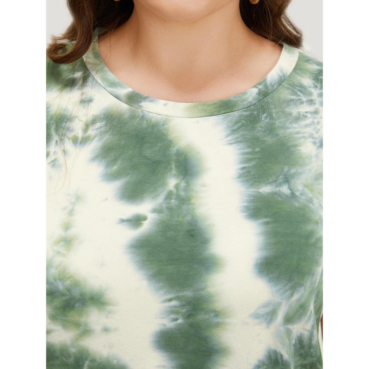 Plus Size Tie Dye Crew Neck Rivet Detail T-shirt Green Women Casual Tie Dye Round Neck Dailywear T-shirts BloomChic 22-24/3X Product Image