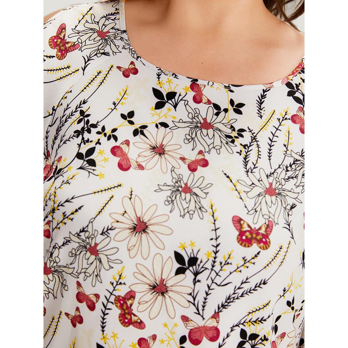 Plus Size Multicolor Butterfly & Floral Print Bell Sleeve Cut Out Blouse Women Elegant Elbow-length sleeve Round Neck Dailywear Blouses BloomChic 26/4X Product Image