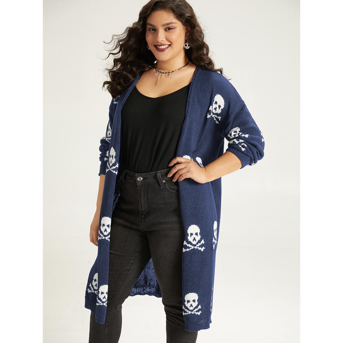 Plus Size Halloween Skull Print Split Side Drop Shoulder Maxi Cardigan Indigo Women Casual Loose Long Sleeve Festival-Halloween Cardigans BloomChic 14-16/1X Product Image