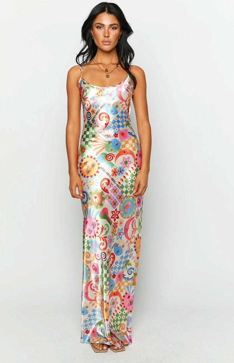 Renesmee Satin Summer Print Maxi Dress Product Image