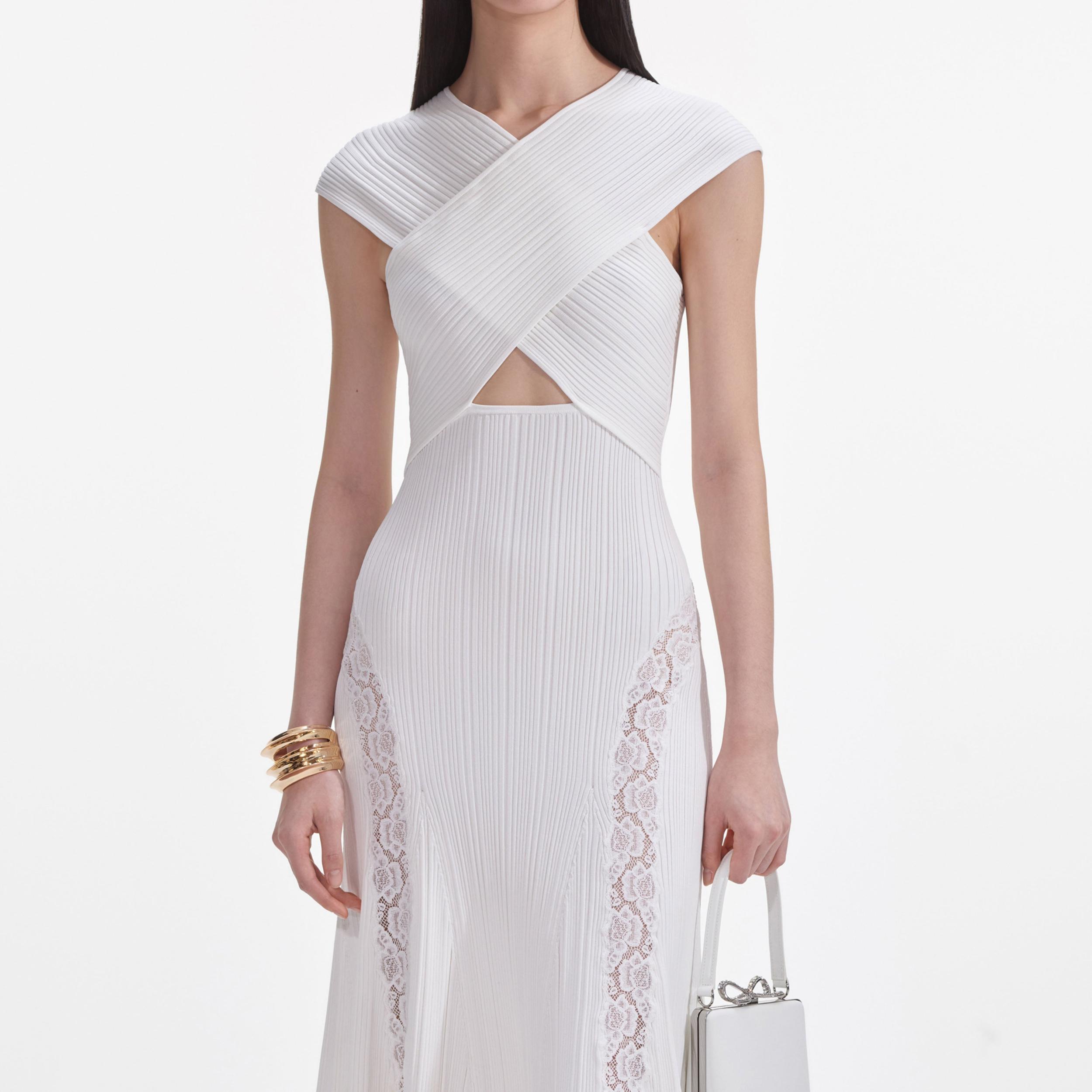 White Knit Lace Insert Midi Dress Product Image