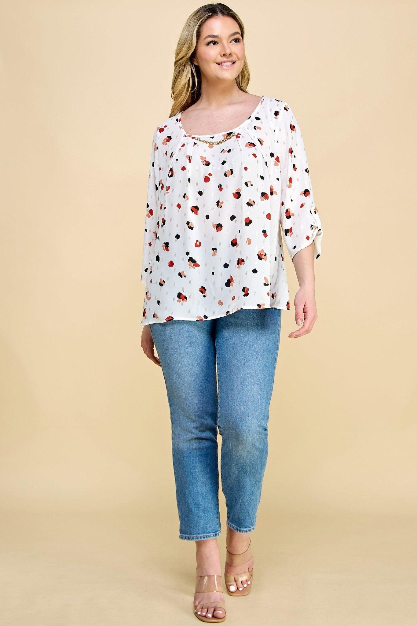 Sara Michelle Cheetah 3/4 Button Tab Sleeve Chain Trim Neck Blouse - Plus Product Image
