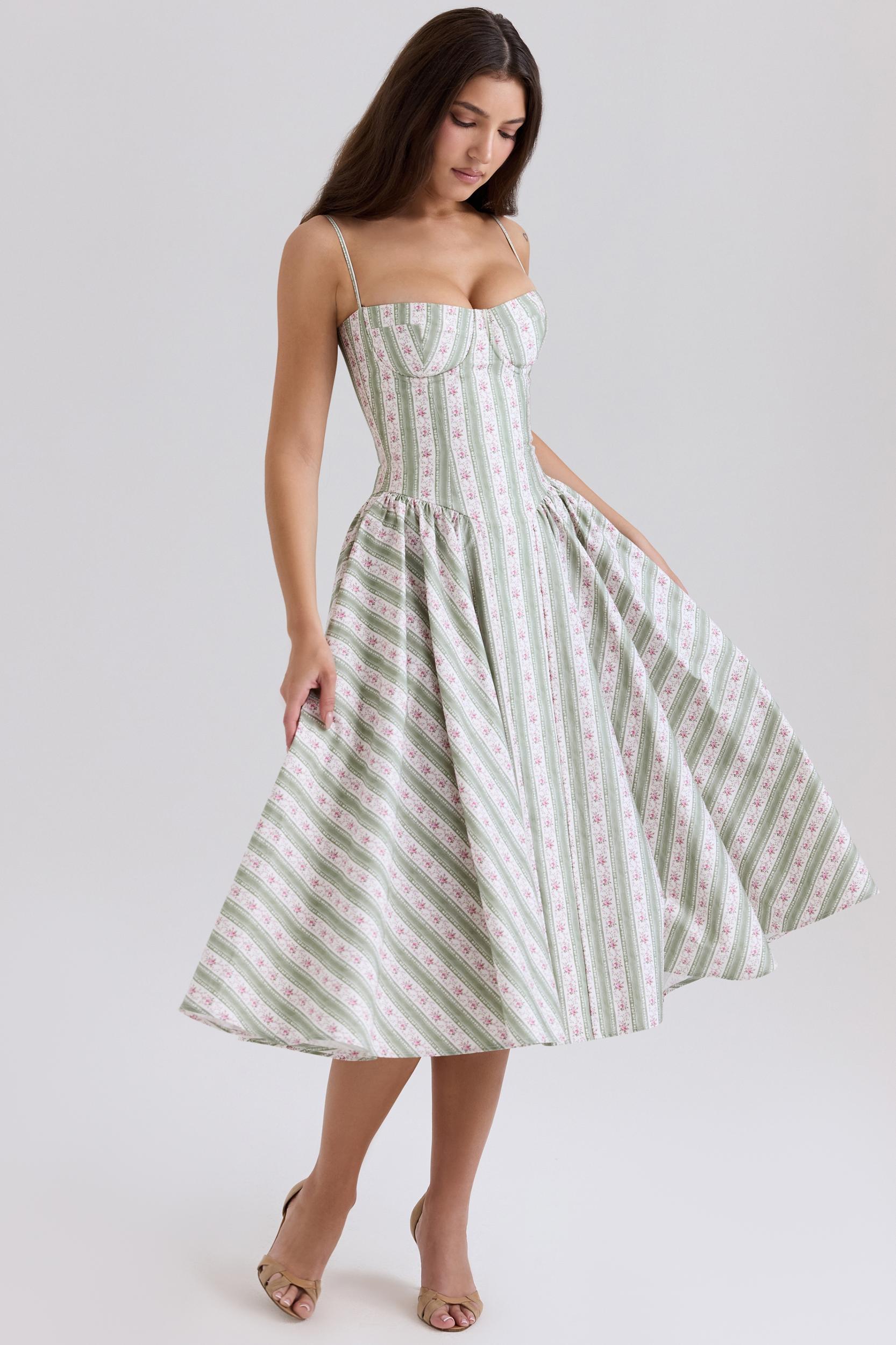 Samaria  sage striped floral print cotton midi dress Product Image