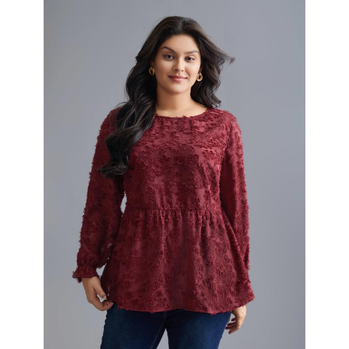 Plus Size Scarlet Round Neck Jacquard Plisse Ruched Blouse Women Elegant Long Sleeve Round Neck Everyday Blouses BloomChic 18-20/2X Product Image