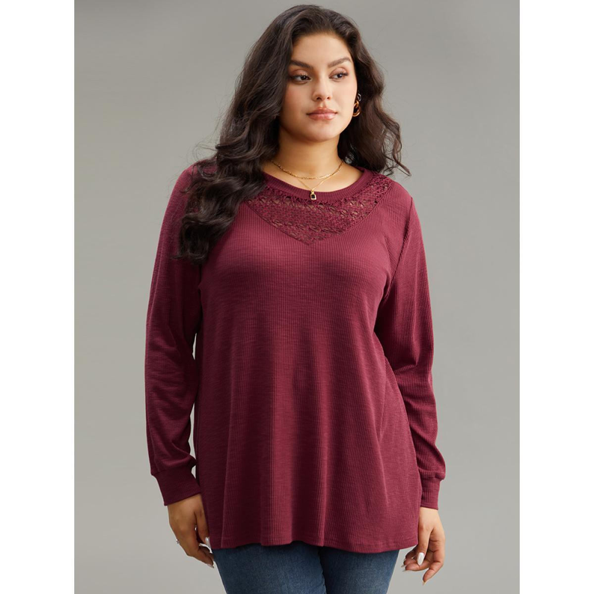 Plus Size Solid Lace Insert Crew Neck Cut Out T-shirt Burgundy Women Elegant Patchwork Plain Round Neck Dailywear T-shirts BloomChic 22-24/3X Product Image